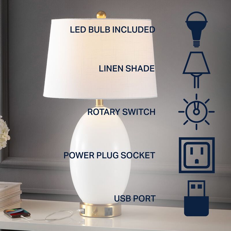 Reese 1-Outlet Contemporary Style Iron/Glass LED Table Lamp with USB Charging Port