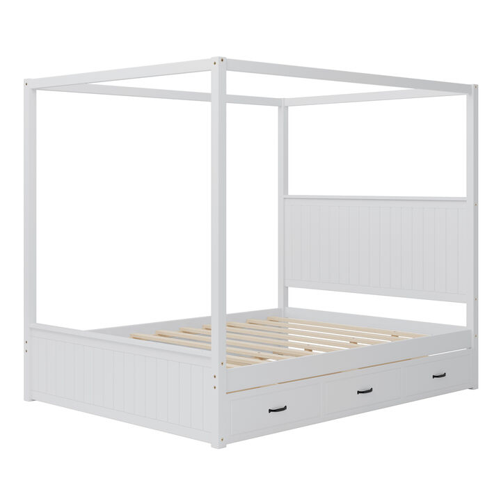 Merax 4-Post Canopy Platform Bed with Trundle and 3 Drawers