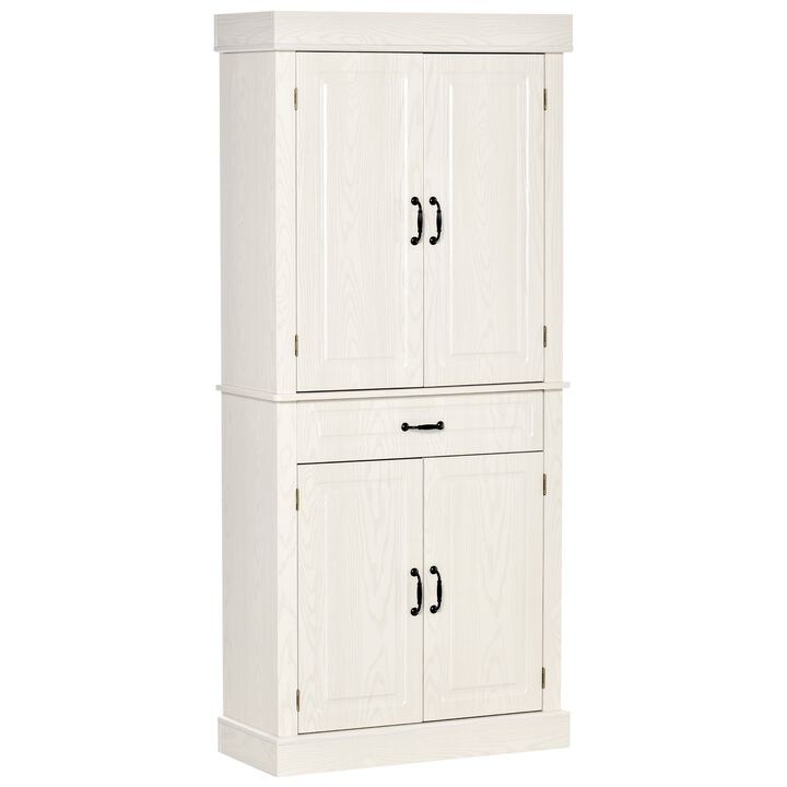 White Kitchen Pantry: 71" Tall Cabinet with 4 Doors and Drawer