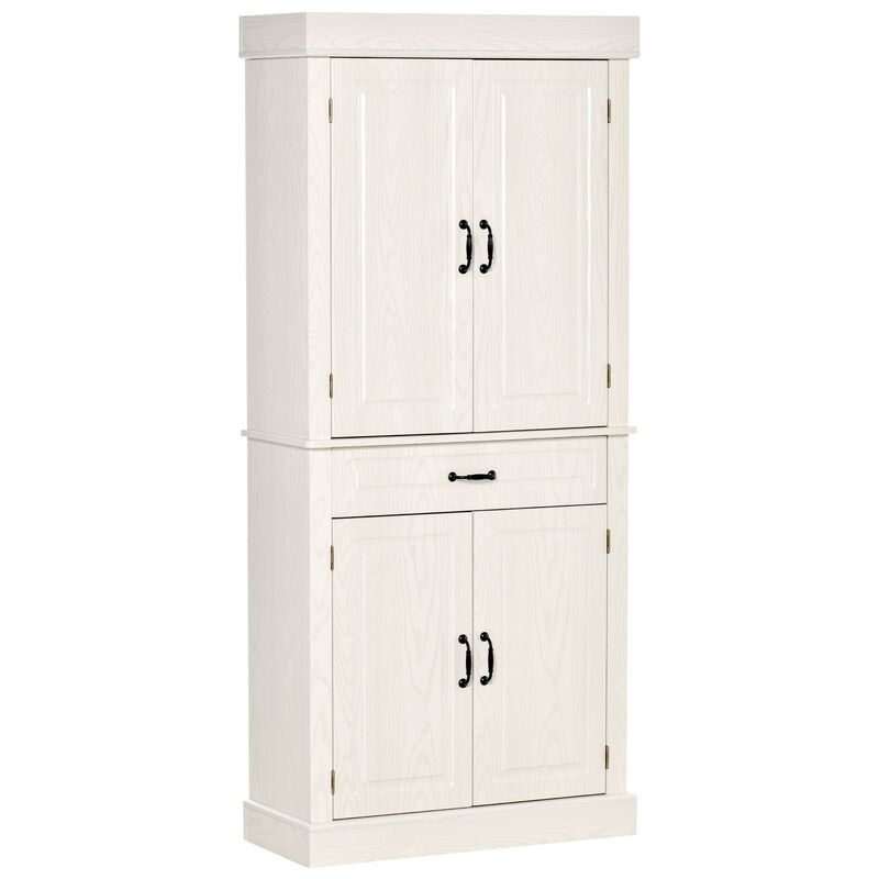 White Kitchen Pantry: 71" Tall Cabinet with 4 Doors and Drawer