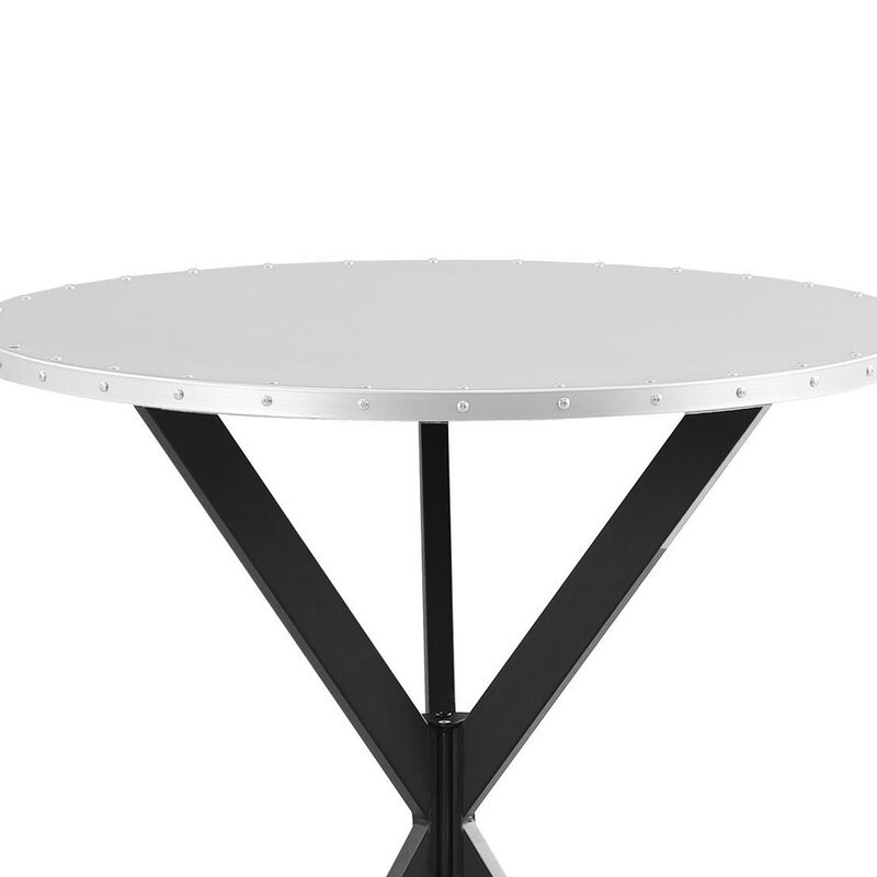 36 Inch Bar Table, Metal Top, Hammered Nails, Intersected Base, Silver  - Benzara