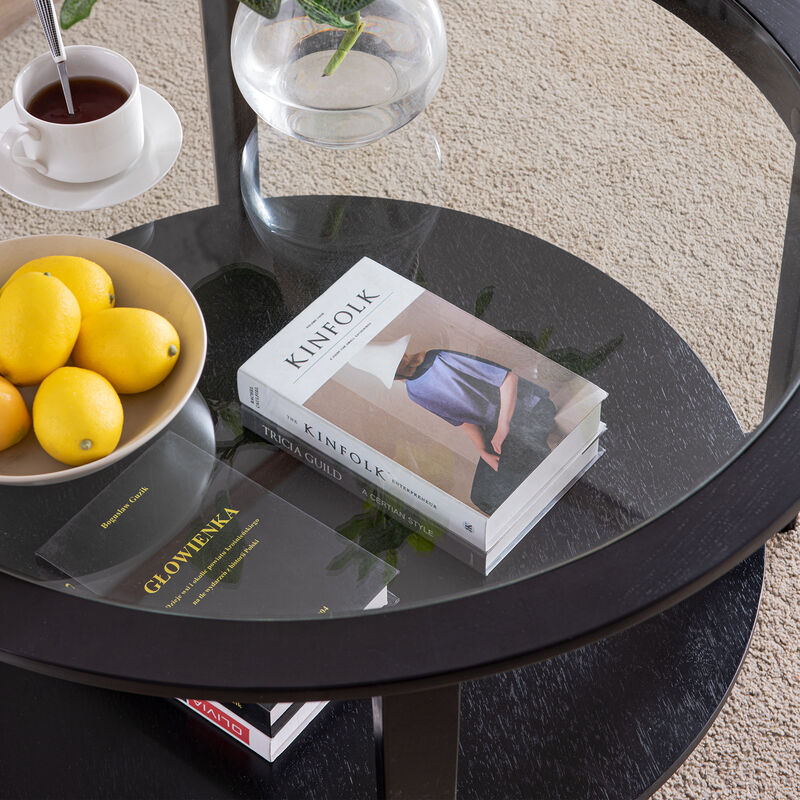 Round Glass Top Coffee Table with Storage Shelf for Modern Living Room