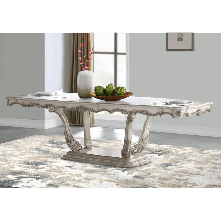 Traditional Style Dining Table with Scrolled Floral Motifs, Cream - Benzara