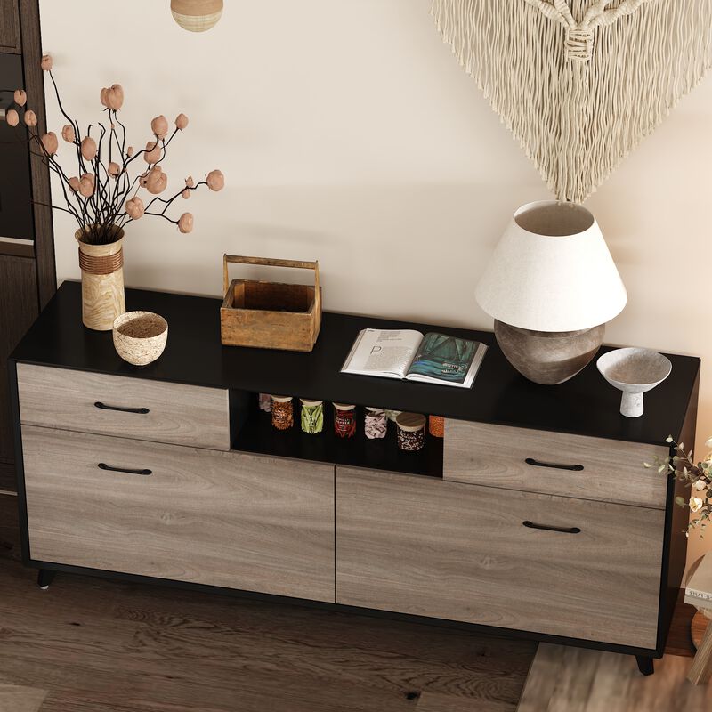 FUFU&GAGA 63" Modern TV Stand with Storage Drawers and Open Shelves, (63" W x 15.7" D x 26.8" H),Black and Brown