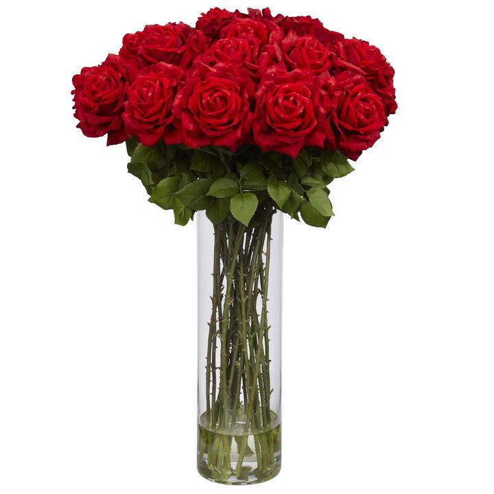 Nearly Natural Giant Rose Arrangement w/Glass Vase