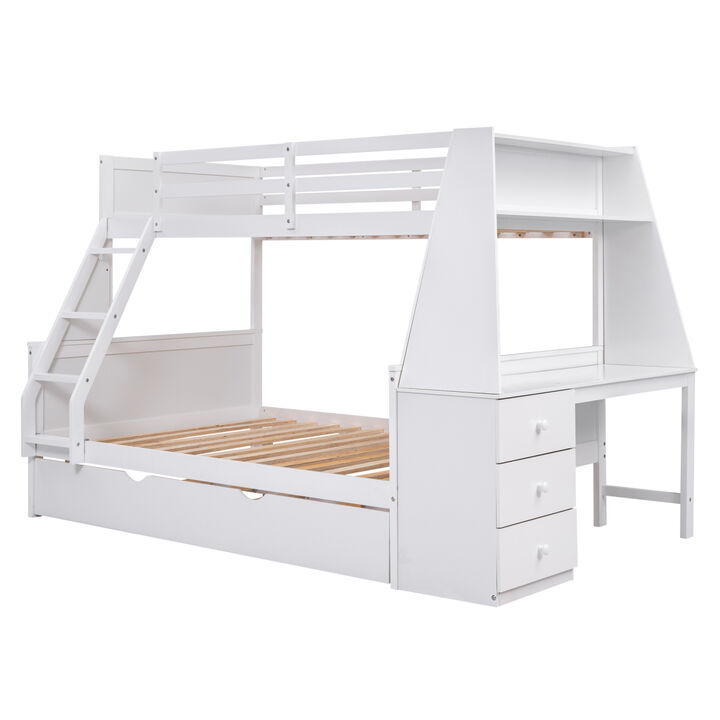 Twin Over Full Bunk Bed With Trundle And Built-In Desk, Three Storage Drawers And Shelf