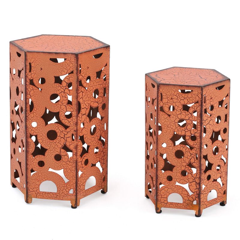 Silva Accent Table Set of 2, Hexagonal Top, Cut Pattern, Orange Iron - Benzara