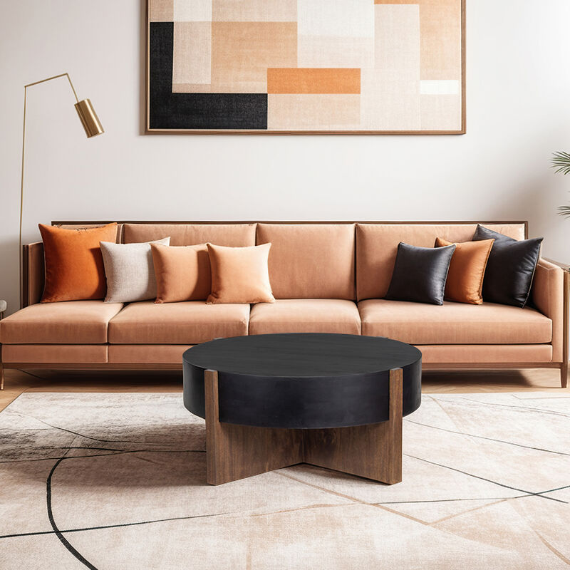 Naufe Coffee Table, 41 Inch Round Matte Black Top, Brown Cross Panel Legs, Mango Wood Frame