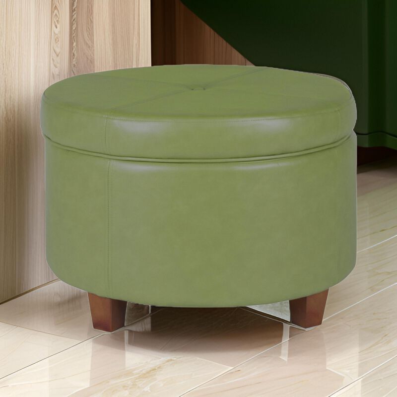 Leatherette Upholstered Wooden Ottoman with Single Button Tufted Lift Top Storage, Green, Large - Benzara
