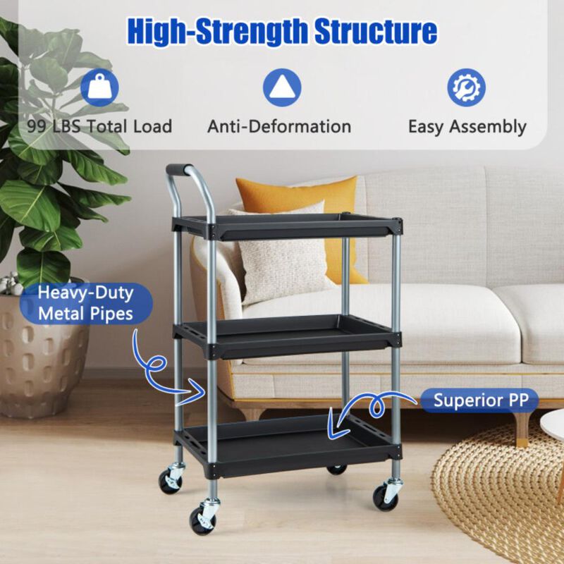 Hivvago 3 Layer Tool Cart with PP Shelves Sponged Handle and Swivel Wheel
