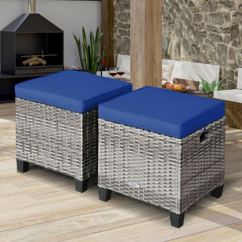 Hivvago 2PCS Patio Rattan Wicker Ottoman Seat with Removable Cushions-Turquoise