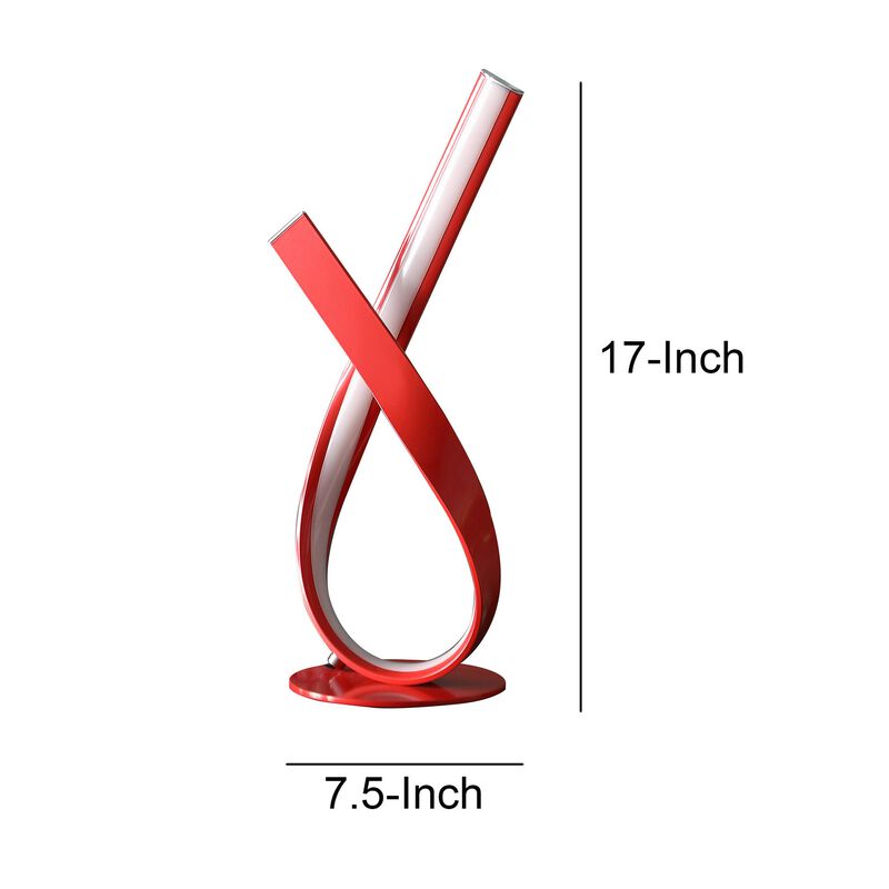 17 Inch Accent Table Lamp, Ribboned Bow, Round Base, LED Lighting, Red-Benzara