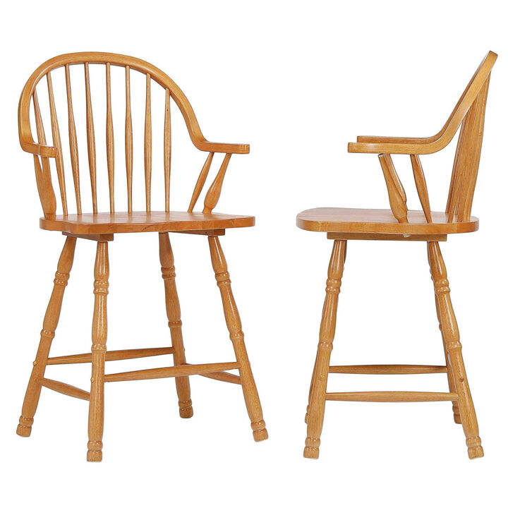Oak Selections 41 in. Distressed Light Oak High Curved Back Wood Frame 24 in. Bar Stool (Set of 2)