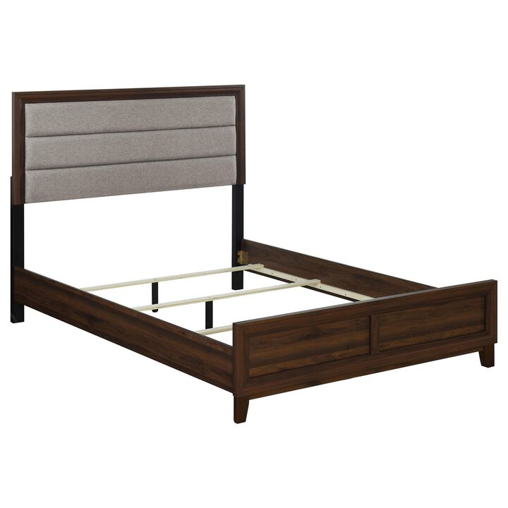 Yels King Size Bed, Gray Channel Tufted Upholstery, Walnut Brown Wood - Benzara