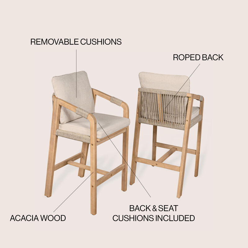 Porto Modern Coastal Tub Roped Acacia Wood Outdoor Bar Stool with Cushions and Armrests