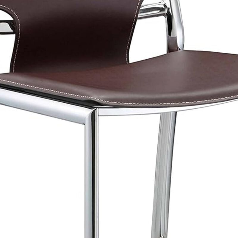 Illa 26 Inch Counter Height Chair, Set of 2, Chrome Base, Vegan Leather, Brown - Benzara