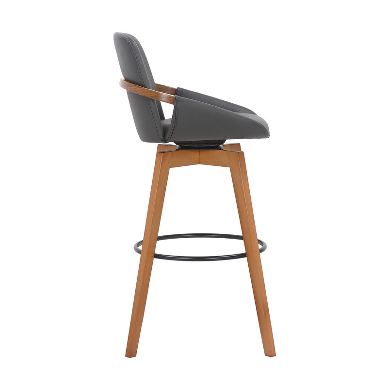 Baylor Gray Faux Leather and Black Wood Swivel Bar Stool