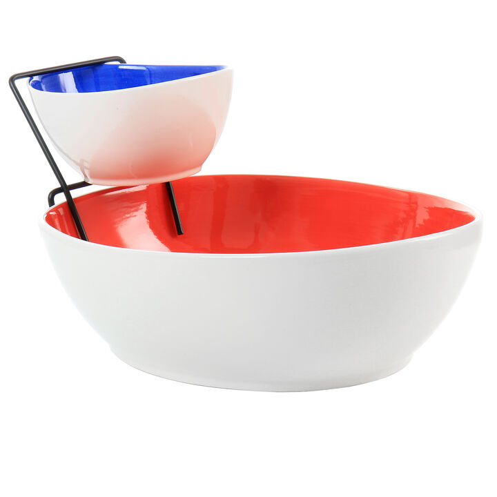 Gibson Home Crenshaw 3 Piece Hand Painted Stoneware Chip and Dip Set with Metal Rack