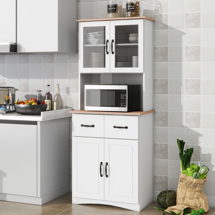 Hivvago Wooden Pantry Room Microwave Storage with Framed Glass Doors and Drawer