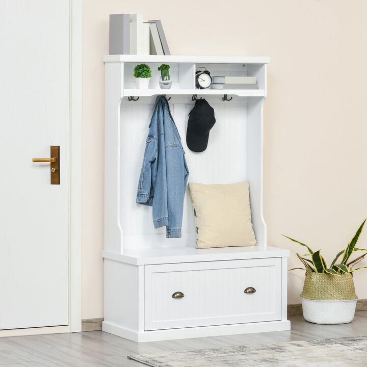 White Entryway Organizer: Modern Hall Tree with Shoe Bench & Coat Hooks