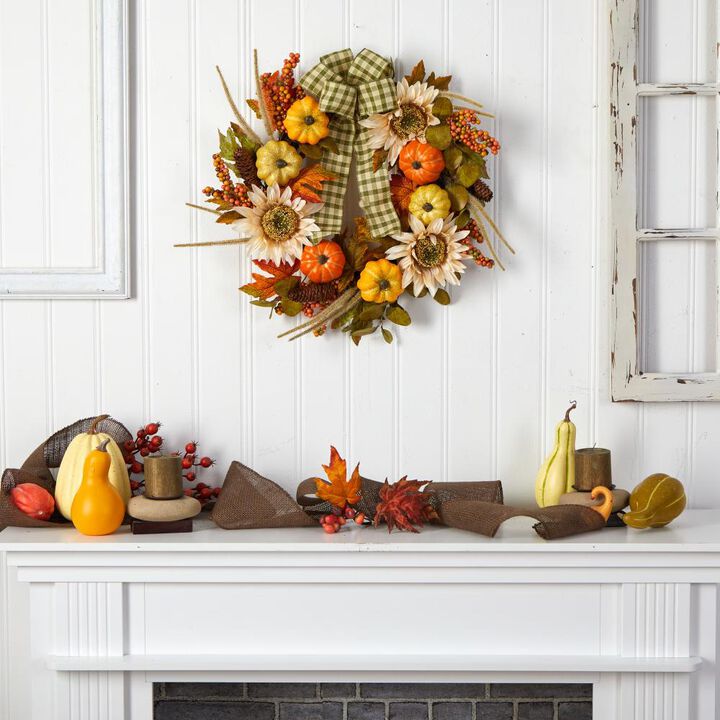Hivvago 24" Fall Pumpkin, Sunflower Artificial Autumn Wreath with Decorative Ribbon