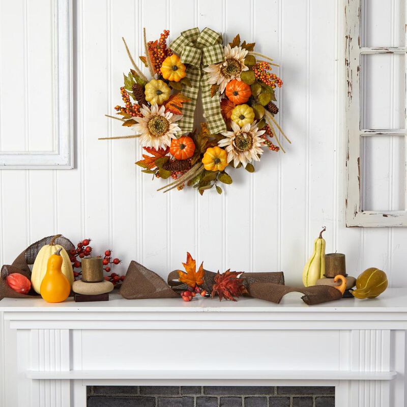 Hivvago 24" Fall Pumpkin, Sunflower Artificial Autumn Wreath with Decorative Ribbon