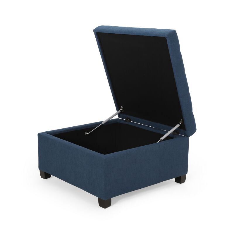 Cindy Ottoman, 31 Inch Square  w Storage, Birch Wood, Blue Polyester - Benzara