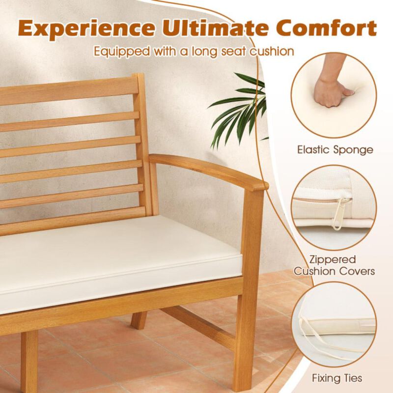 Hivvago Patio 64 Inch Wood Bench with Seat Cushion and Slatted Seat for Backyard-Off White
