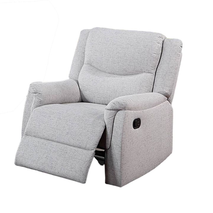 Ammy Manual Recliner Chair, Pillow Arms, Solid Wood, White Faux Burlap - Benzara
