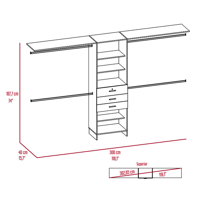 DEPOT E-SHOP Zamora 69"W - 118"W Closet System, Four Hanging Rods, Three Drawers, Five Shelves, Dark Walnut