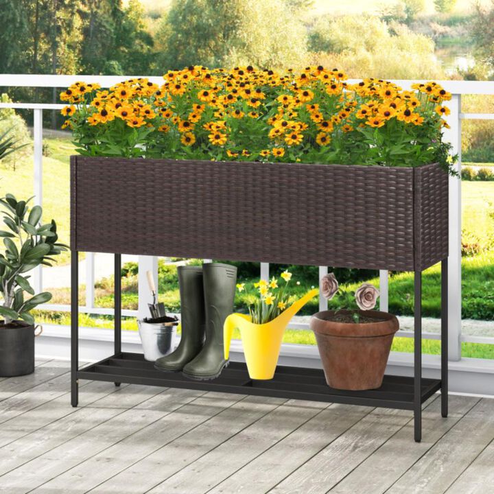 Hivvago Wicker Raised Garden Bed with Storage Shelf and Drainage Gaps for Flowers
