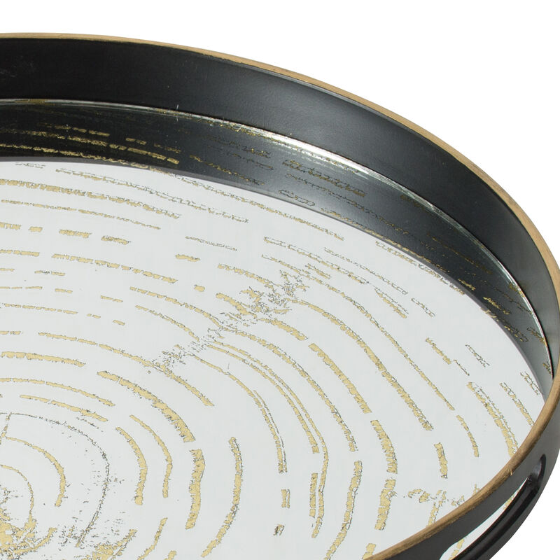 18 Inch Decorative Tray, Round Black Wood Frame, Mirrored Bottom - Benzara