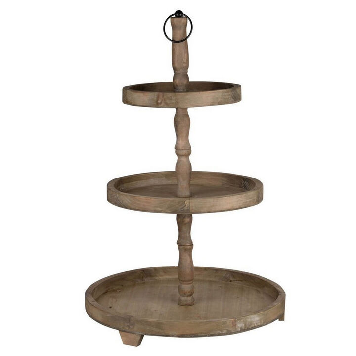 Zia 30 Inch 3 Tier Serving Tray, Flat Round Plates, Brown Fir Wood Finish - Benzara