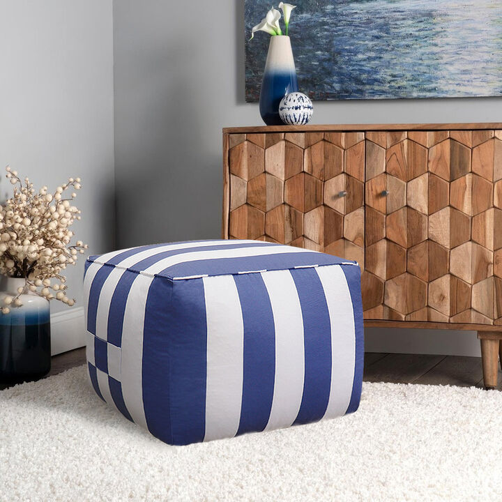 Pasargad Home Galaxy White/Blue Poly Fabric Striped Pouf