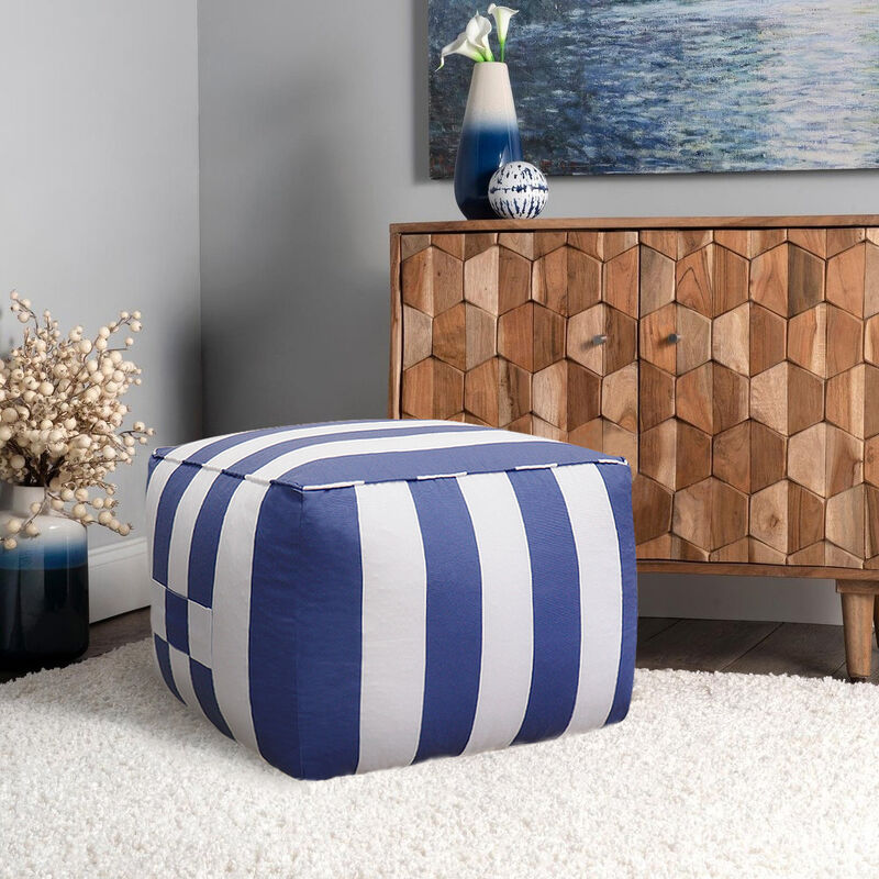 Pasargad Home Galaxy White/Blue Poly Fabric Striped Pouf