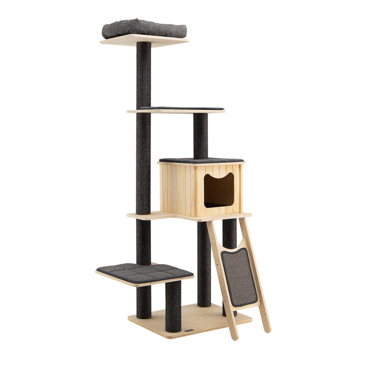 5-Tier Modern Wood Cat Tower with Washable Cushions-Grey