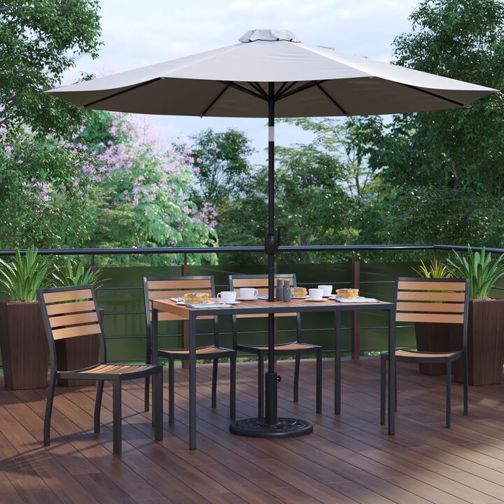 Flash Furniture Lark 7 Piece Patio Table Set - 4 Synthetic Stackable Faux Teak Chairs - 30" x 48" Faux Teak Table - Gray Umbrella with Base
