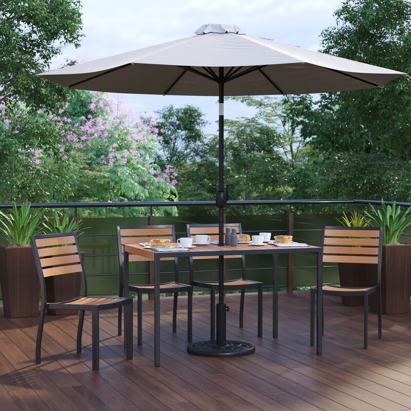 Flash Furniture Lark 7 Piece Patio Table Set - 4 Synthetic Stackable Faux Teak Chairs - 30" x 48" Faux Teak Table - Gray Umbrella with Base
