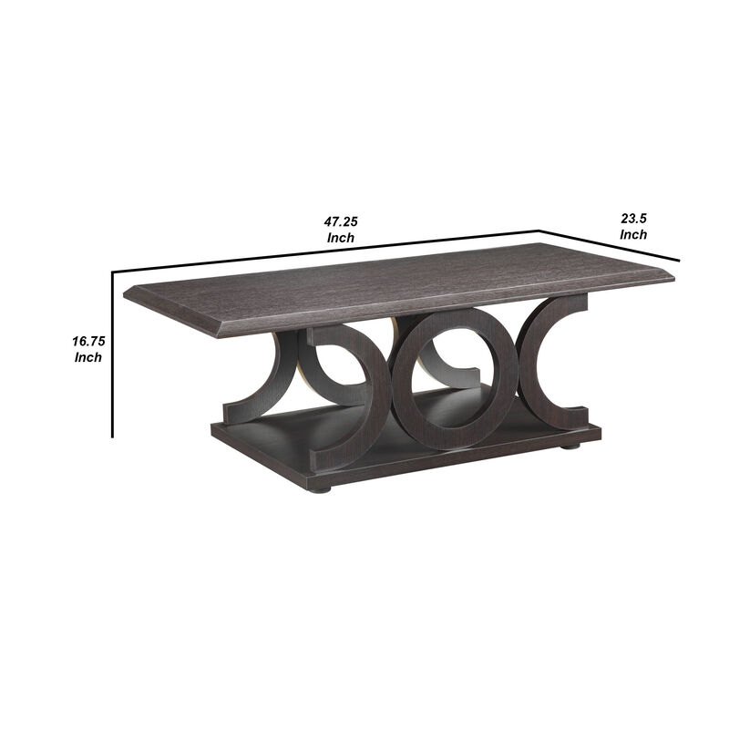 Contemporary Style C Shaped Coffee Table With Open Shelf, Espresso Brown-Benzara