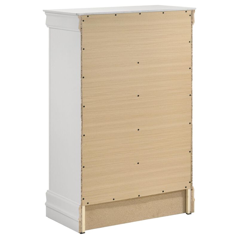 Nim Tall Dresser Chest, 5 Storage Drawers, Classic White Molded Trim - Benzara