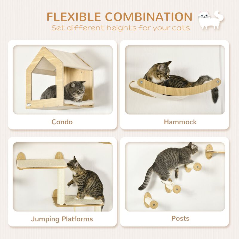 Oak Cat Playground: 8-Piece Wall-Mounted Climbing Set with Condo & Hammock