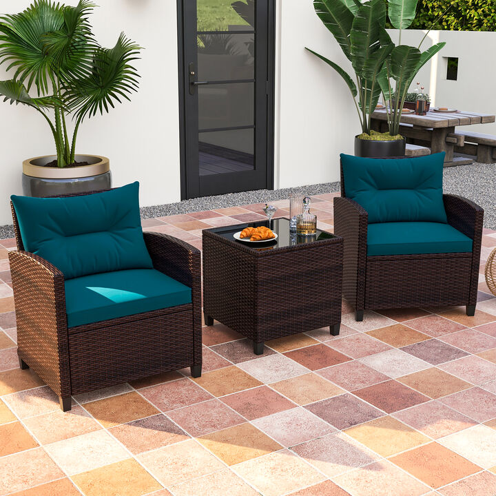 3 Pcs Patio Rattan Furniture Set Cushioned Conversation Set Coffee Table