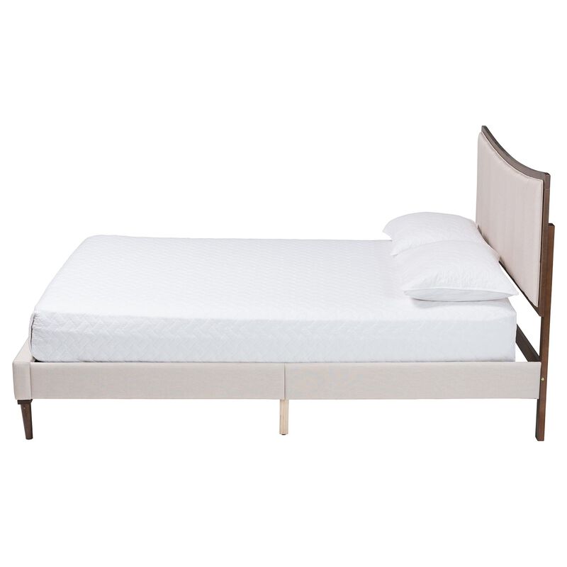 Baxton Studio Nikolai Mid Century Channel Tufted Beige Fabric and Wenge Brown Wood Queen Bed