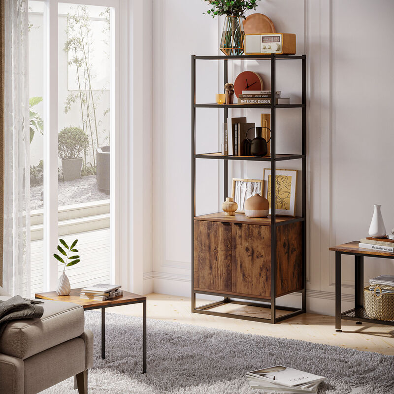 Tall Wooden Rustic 3-Tier Open Space Shelving with Bottom Hutch Storage Unit