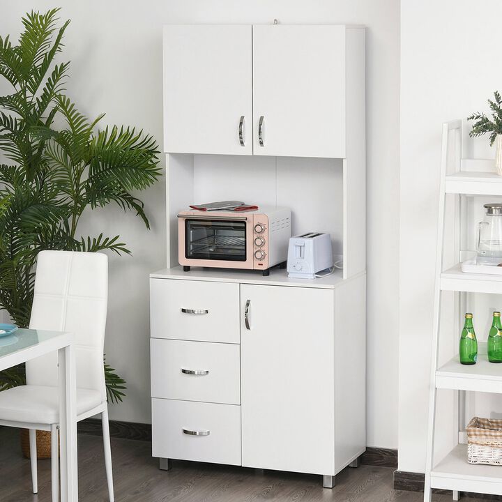 White Kitchen Organizer: Freestanding Hutch Cabinet with Doors and Drawers