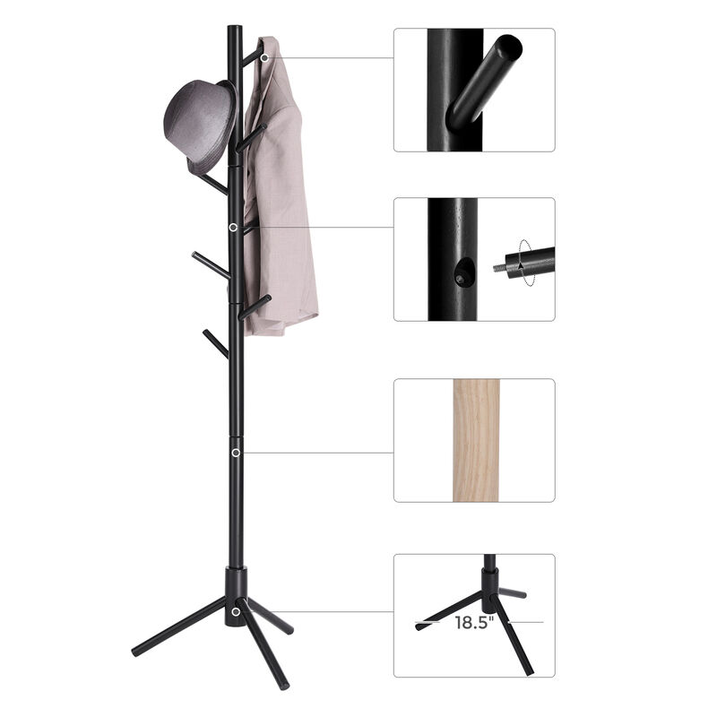 Coat Rack with 8 Hooks, Solid Wood Coat Tree Free Standing, 18.5 Inch Dia Base, for Clothes