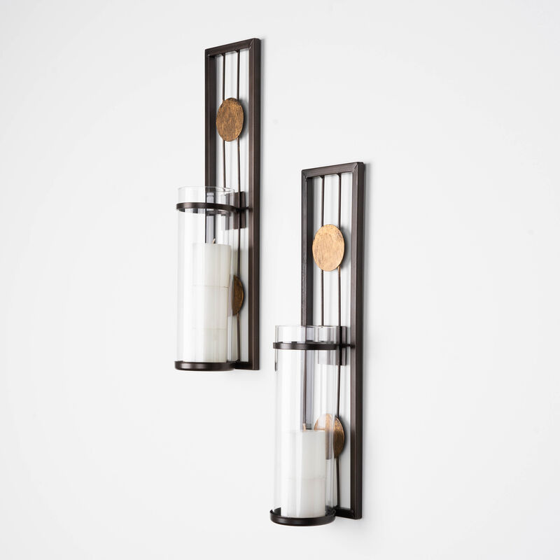 Set of Two Contemporary Metal Wall Sconces With Antique Patina Medallions