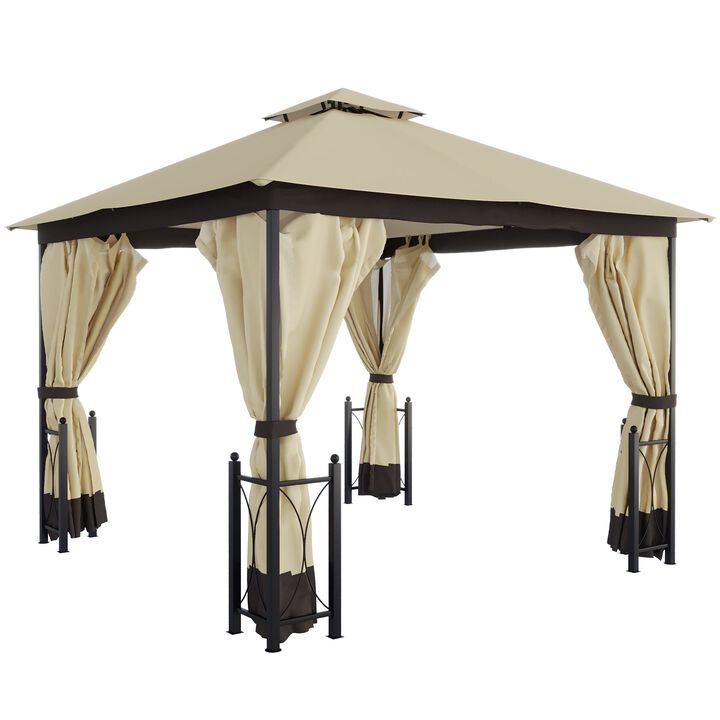 Beige Garden Haven: 13x11 Double Roof Gazebo with Netting Curtains