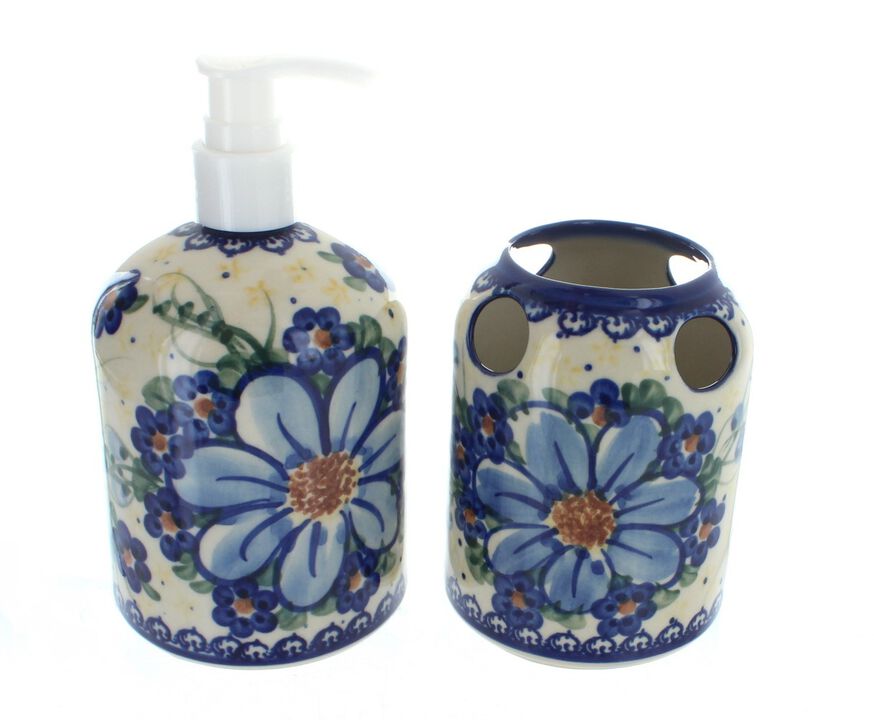 Blue Rose Polish Pottery Spring Blossom Soap Dispenser & Toothbrush Holder