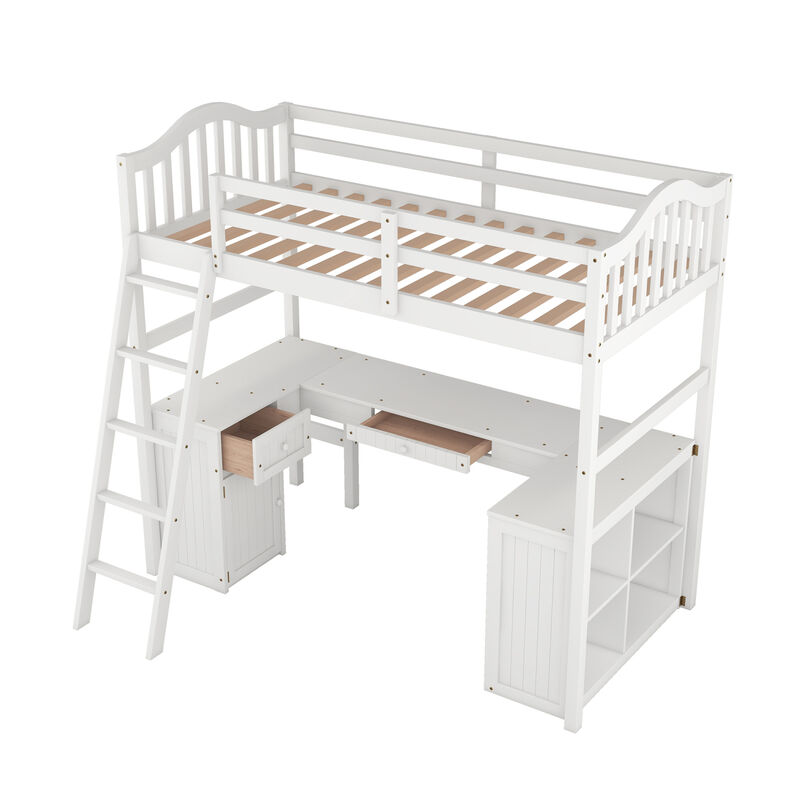 Twin Size Loft Bed With Drawers, Cabinet, Shelves And Desk, Wooden Loft Bed With Desk